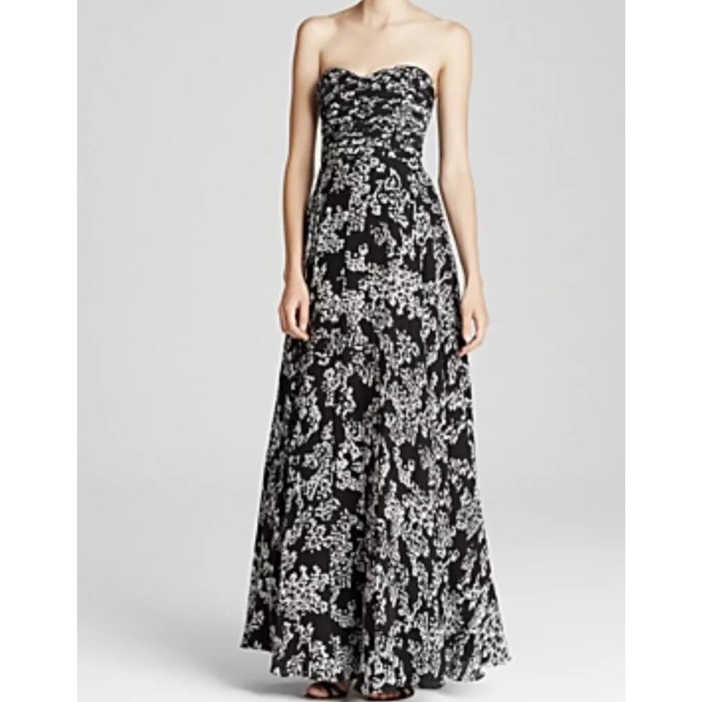 Parker Tamara Silk Black Bonded Print Sweetheart Neck Strapless Maxi Dress Sz S